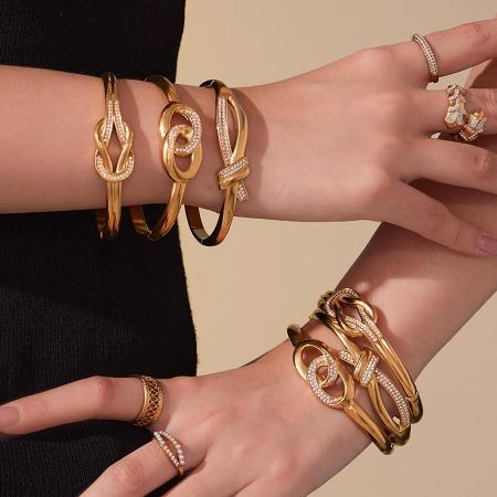 Bracelet jonc luxueux pour femme, en acier inoxydable torsadé, étanche, couleur or, orné de zircon (1 pièce)