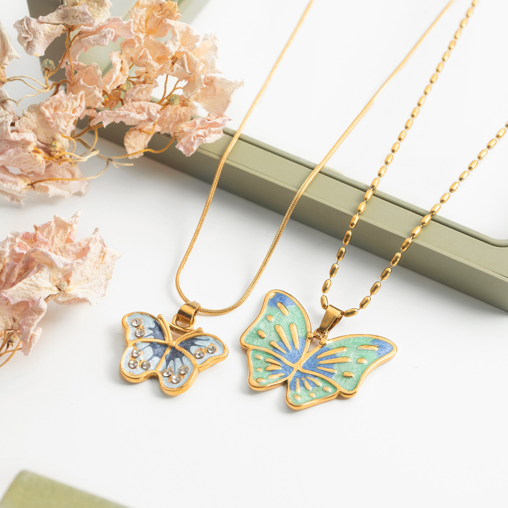 Collier Pendentif Papillon Personnalisable En Acier Inoxydable Étanche Couleur Or Pour Femme (1 Pièce) h5Image2