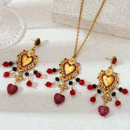 Ensemble collier et collier rétro en acier inoxydable, imperméable, couleur or, avec pompon en cristal et pierre naturelle, motif cœur. 2