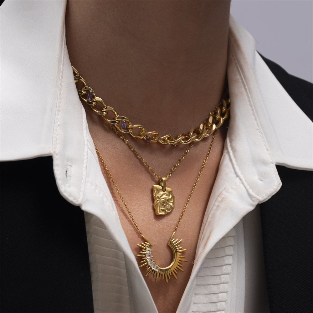 Collier Pendentif En Forme De Soleil, En Acier Inoxydable Étanche, Couleur Or, Avec Zircon. h5Image3