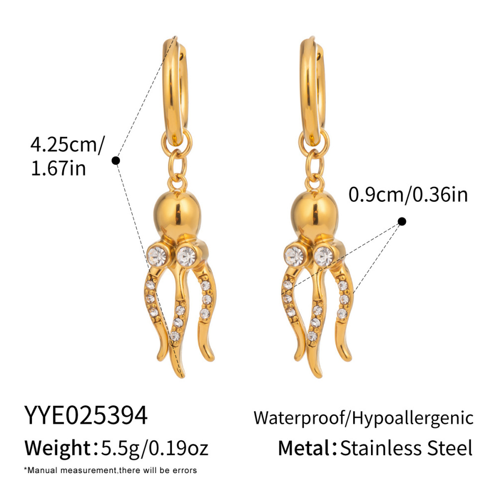 Boucles D'Oreilles Pendantes En Forme De Pieuvre, En Acier Inoxydable Étanche, Couleur Or, Avec Zircon (1 Paire). 