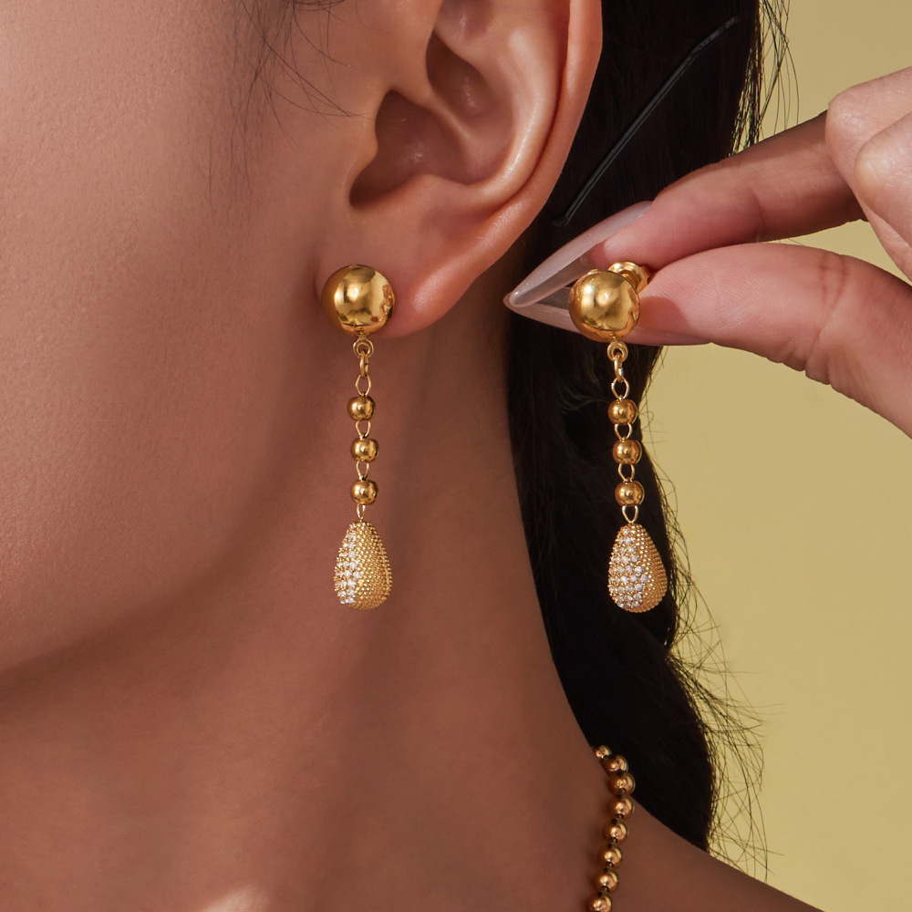 Ensembles De Bijoux Pour Femmes En Acier Inoxydable Imperméable, Ornés De Zircon Et De Pendentifs En Forme De Goutte. Image3
