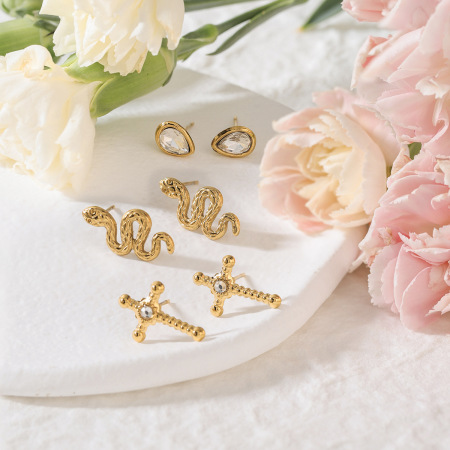 1 ensemble de boucles d'oreilles de luxe pour femme, en acier inoxydable doré, motif serpent, étanches. 2
