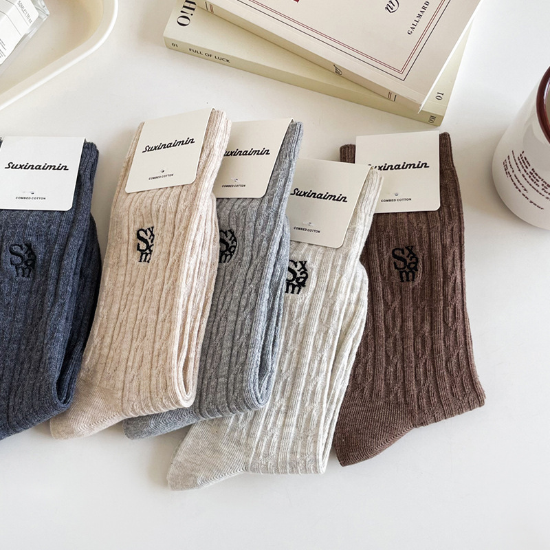1 Paire De Chaussettes Mi-Mollet En Pur Coton Avec Lettres Brodées Pour Femme h5Image3