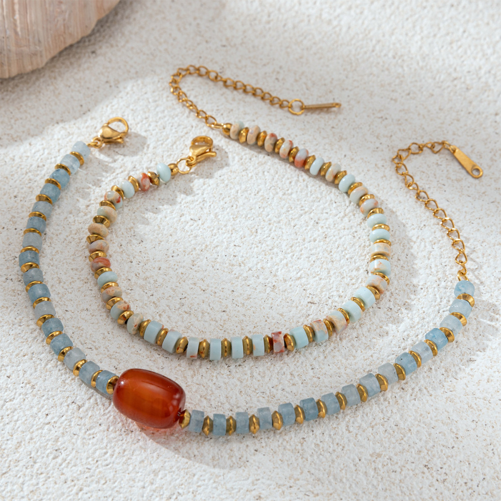 Ensemble De Bracelets Rétro En Acier Inoxydable Et Perles En Pierre Naturelle h5Image4