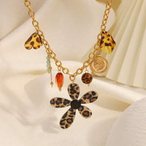 Collier Pendentif Femme En Acier Inoxydable Étanche, Motif Floral Ethnique Léopard (1 Pièce) h5 Image4