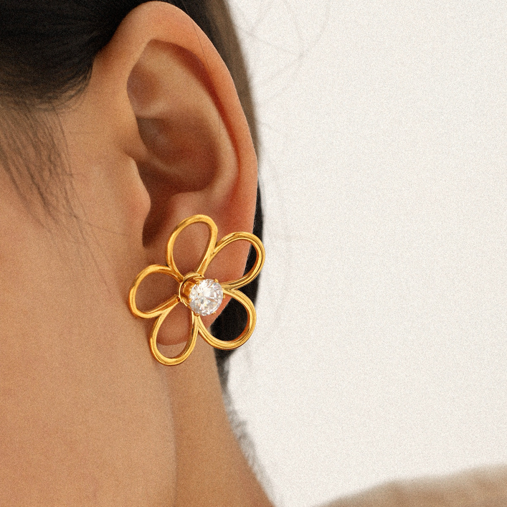 1 Paire De Boucles D'Oreilles À Clous En Acier Inoxydable Doré, Imperméables, Avec Zircon Et Motif Floral h5Image3