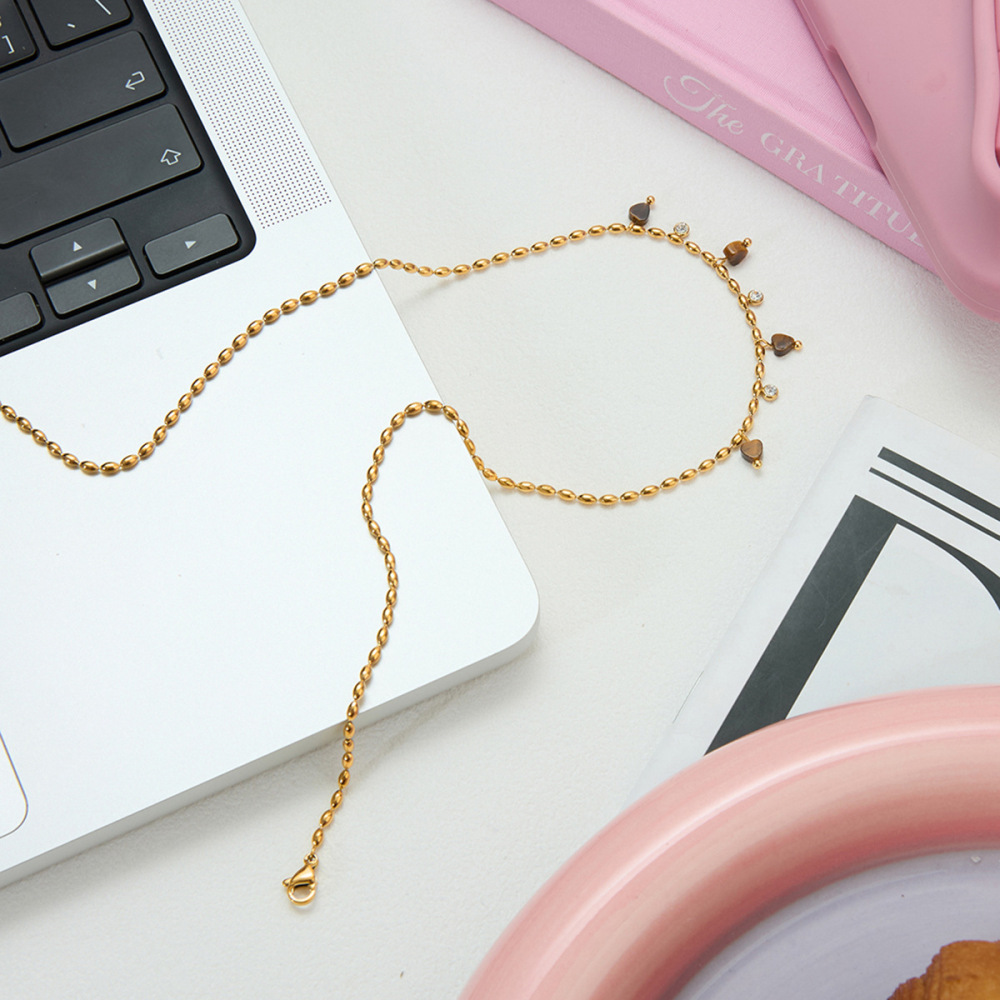 Collier Pendentif Femme Classique En Forme De Cœur, En Acier Inoxydable Étanche, Couleur Or, Avec Pierre Naturelle (1 Pièce) h5Image5