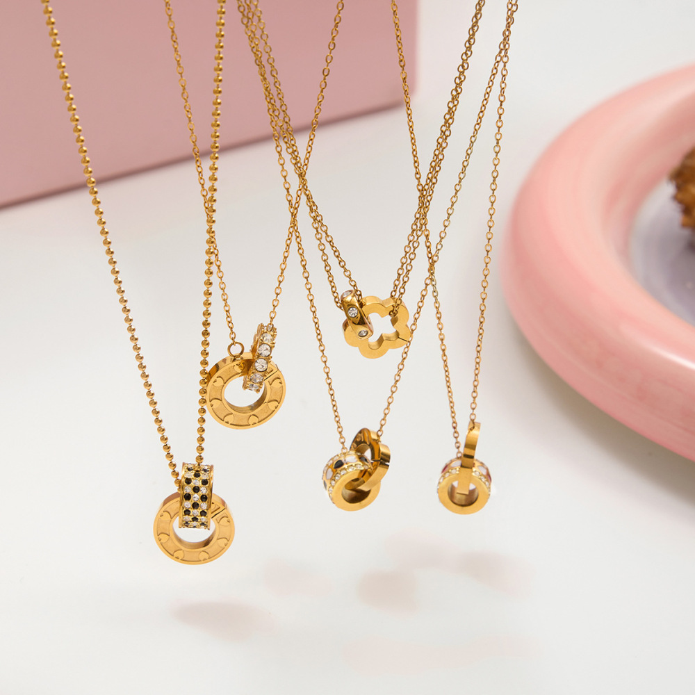 Collier Pendentif Double Cercle Luxueux Pour Femme, En Acier Inoxydable Étanche, Couleur Or (1 Pièce) Image4