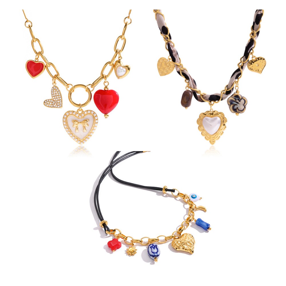 Collier Pendentif Femme Rétro En Forme De Cœur, En Acier Inoxydable, Étanche, Couleur Or Et Acrylique. h5Image8