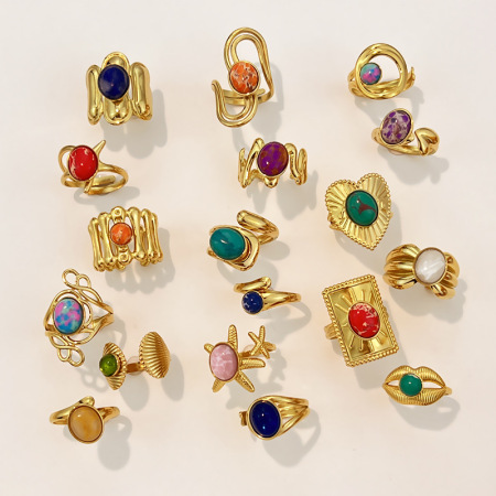 Bague En Acier Inoxydable Doré, Ornée D'Une Pierre Naturelle (1 Pièce)