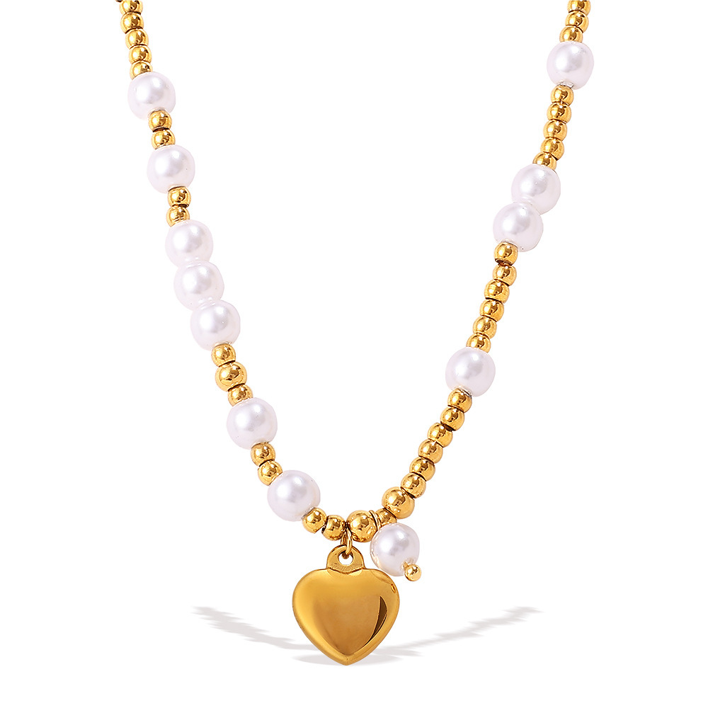 Collier En Acier Inoxydable Doré, Imperméable, Avec Perles Et Cœur (1 Pièce). Image4