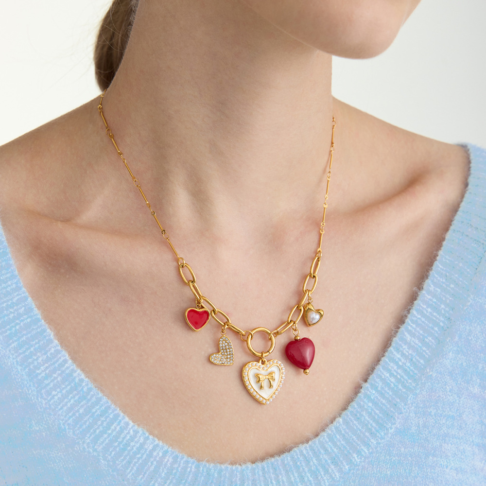 Collier Pendentif Femme Rétro En Forme De Cœur, En Acier Inoxydable, Étanche, Couleur Or Et Acrylique. h5Image6
