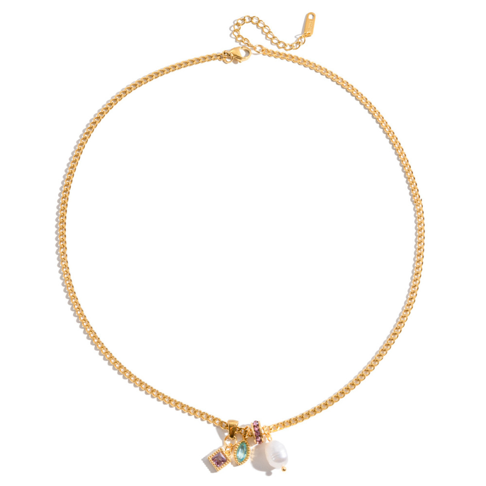 Collier Pendentif Femme En Acier Inoxydable Polychrome Rectangulaire, Étanche, Couleur Or, Avec Zircon (1 Pièce) 