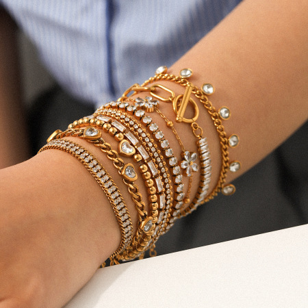 Bracelet de luxe en acier inoxydable, étanche, couleur or, avec zircon et chaîne (1 pièce).
