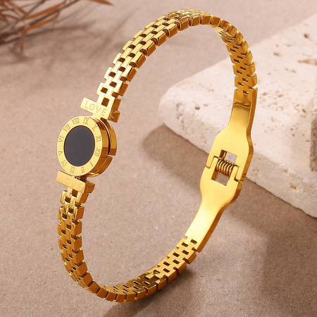 Bracelet rétro rond en acier inoxydable étanche couleur or (1 pièce) 2