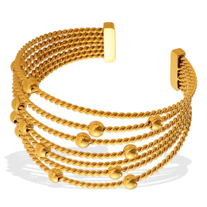 Bracelet Manchette Rétro Multicouche À Motif Torsadé En Acier Inoxydable Étanche Couleur Or (1 Pièce) h5 Image5