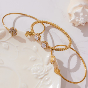 Bracelet Manchette Pour Femme En Acier Inoxydable Doré, Orné D'Un Zircon Et D'Un Coquillage Exquis (1 Pièce). h5 Image3
