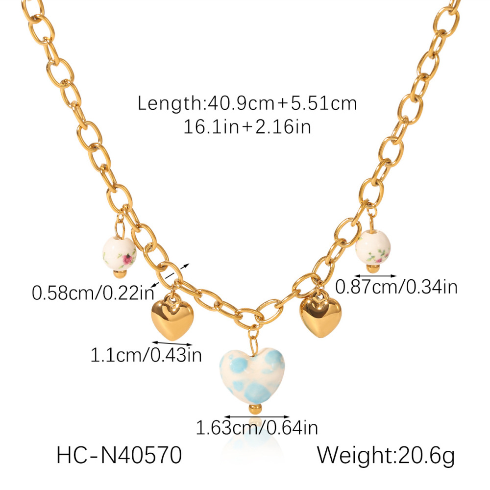 Collier Pendentif En Forme De Cœur En Céramique, Acier Inoxydable Étanche, Couleur Or Image2