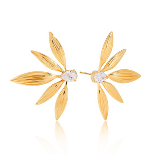 Boucles D'Oreilles Puces Élégantes En Acier Inoxydable Doré, Ornées De Zircon, Avec Motif Feuilles (1 Paire). h5 