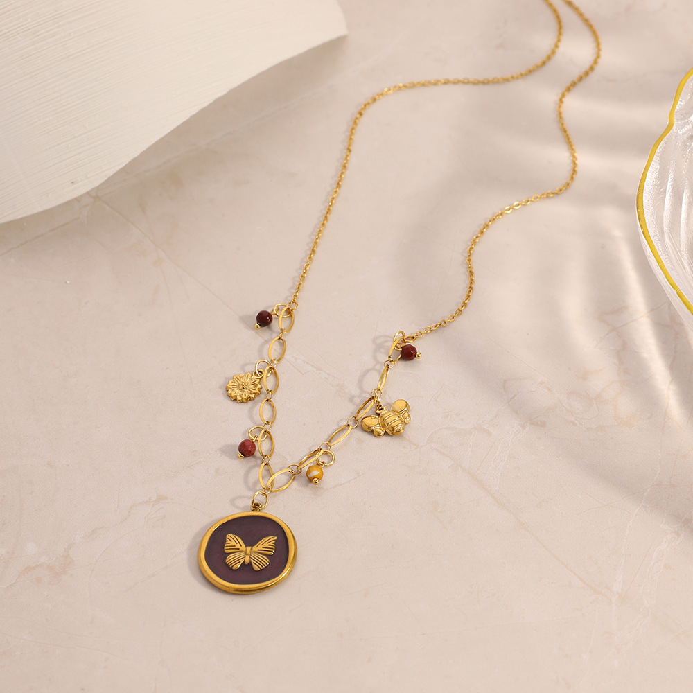 Collier Pendentif Papillon Rond En Acier Inoxydable Étanche Pour Femme (1 Pièce) Image4