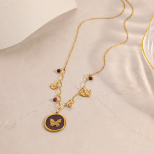 Collier Pendentif Papillon Rond En Acier Inoxydable Étanche Pour Femme (1 Pièce) h5 Image4