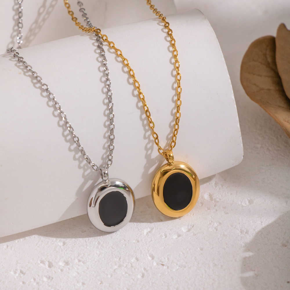 Collier Pendentif Rond En Acier Inoxydable Émaillé, Étanche, Couleur Or (1 Pièce) Image3