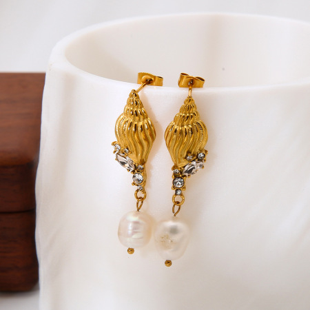 1 paire de boucles d'oreilles pendantes de luxe rétro en forme de tortue, en acier inoxydable étanche couleur or et zircon.