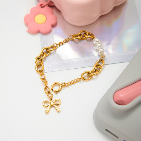 Bracelet à breloques pour femme, 1 pièce, nœud papillon romantique, en acier inoxydable étanche, couleur or 2