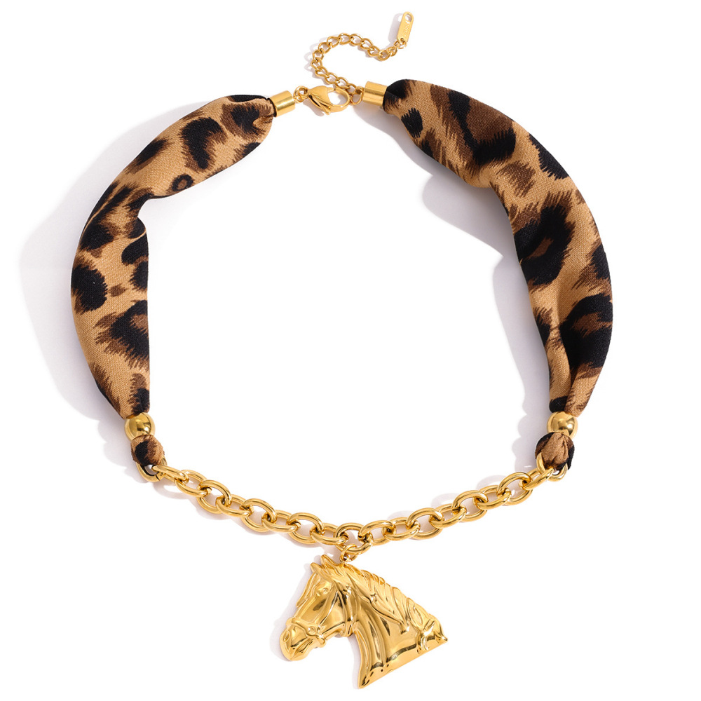 Collier Pendentif Femme Luxueux En Acier Inoxydable Doré, Imprimé Léopard Et Cheval (1 Pièce)