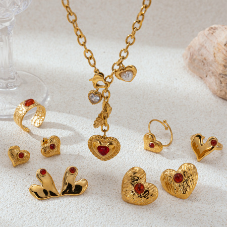 Ensemble De Colliers En Acier Inoxydable Imperméable En Forme De Cœur Et Agate Rouge