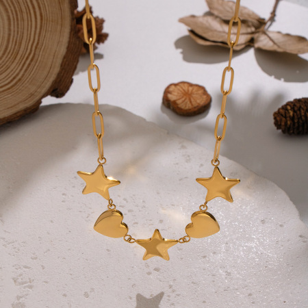 Collier pendentif cœur et étoile en acier inoxydable étanche couleur or (1 pièce)