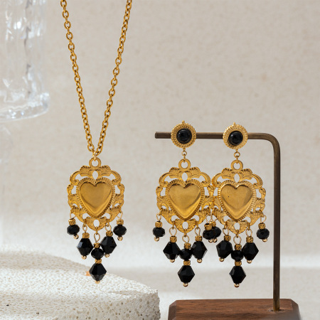 Ensemble collier et collier rétro en acier inoxydable, imperméable, couleur or, avec pompon en cristal et pierre naturelle, motif cœur.