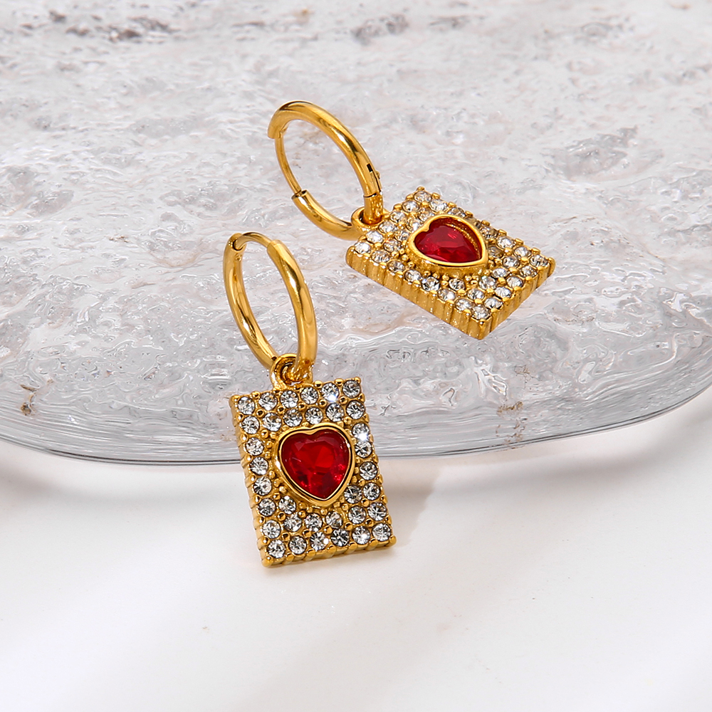 1 Paire De Boucles D'Oreilles Créoles Élégantes En Forme De Cœur, Rectangulaires, En Acier Inoxydable Étanche Avec Zircon. Image3