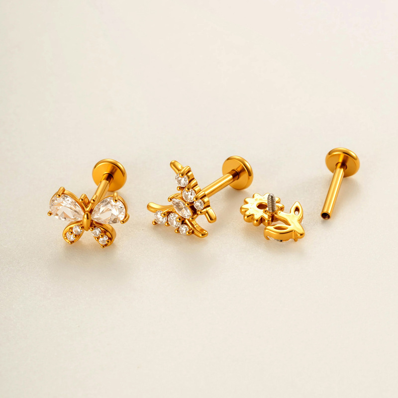Boucles D'Oreilles Piercing Femme, 1 Pièce, En Acier Inoxydable, Imperméables, Couleur Or, Avec Motif Fleur Et Papillon Et Zircon. Image4