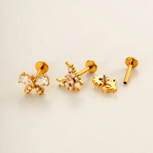 Boucles D'Oreilles Piercing Femme, 1 Pièce, En Acier Inoxydable, Imperméables, Couleur Or, Avec Motif Fleur Et Papillon Et Zircon. h5 Image4