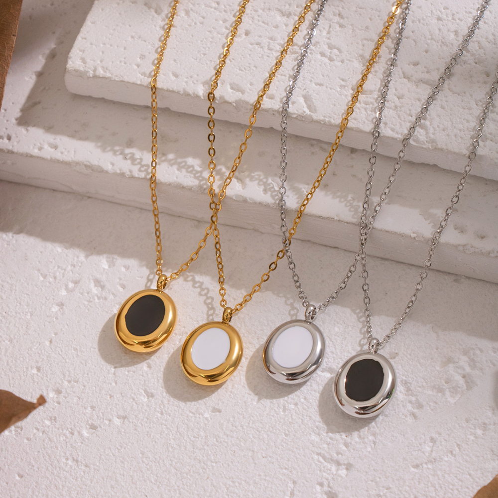 Collier Pendentif Rond En Acier Inoxydable Émaillé, Étanche, Couleur Or (1 Pièce) Image2