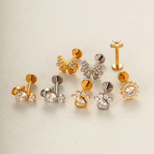Boucles D'Oreilles Piercing Pour Femme, 1 Pièce, Nœud Papillon, Alliage De Titane, Couleur Or, Zircone h5 Image4
