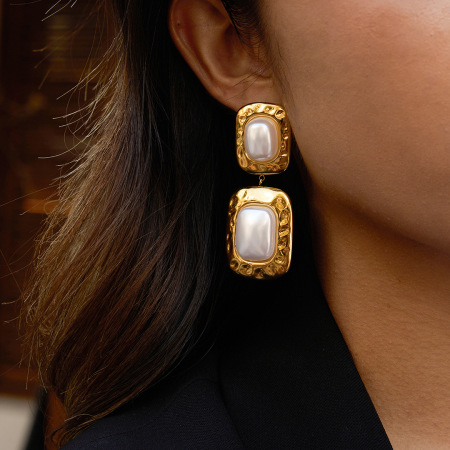 1 paire de magnifiques boucles d'oreilles pendantes rectangulaires en acier inoxydable étanche couleur or pour femme