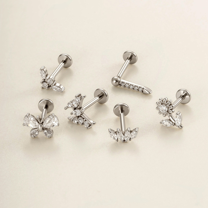 Boucles D'Oreilles Piercing Femme, 1 Pièce, En Acier Inoxydable, Imperméables, Couleur Or, Avec Motif Fleur Et Papillon Et Zircon. Image3