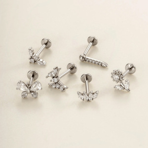 Boucles D'Oreilles Piercing Femme, 1 Pièce, En Acier Inoxydable, Imperméables, Couleur Or, Avec Motif Fleur Et Papillon Et Zircon. h5 Image3