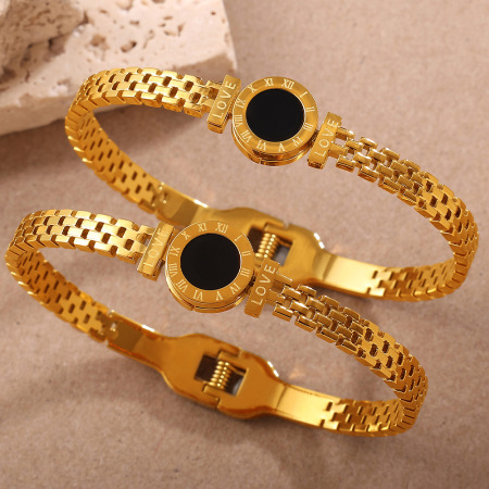 Bracelet rétro rond en acier inoxydable étanche couleur or (1 pièce)