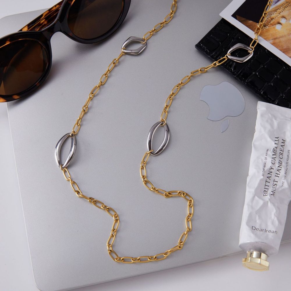 Collier Minimaliste Pour Femme, Chaîne En Acier Inoxydable Étanche, Couleurs Or Et Argent Mélangés (1 Pièce) h5Image4