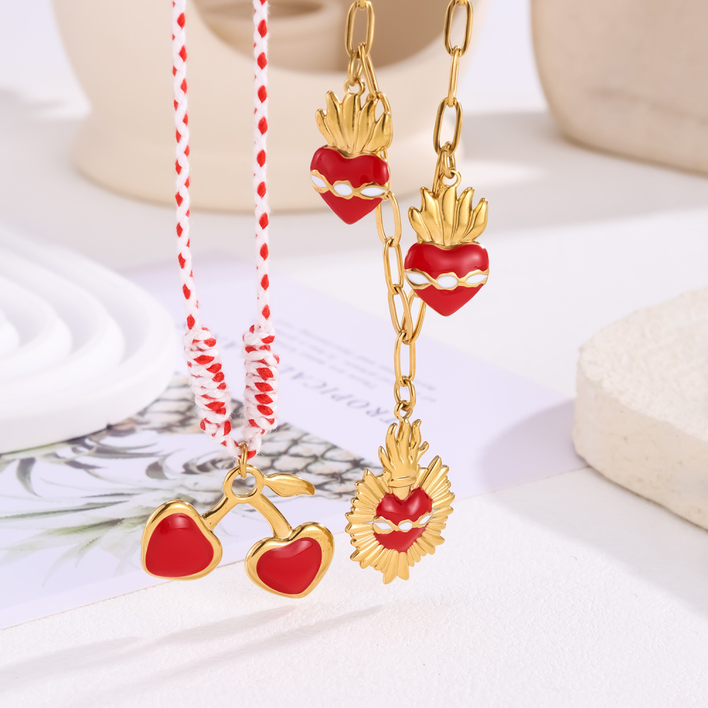 1 Collier Tressé Luxueux Pour Femme En Acier Inoxydable Rouge Cerise, Étanche Image4