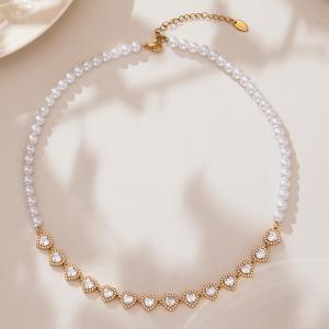 Collier De Perles Pour Femme En Acier Inoxydable, Orné De Zircon Doré Et De Perles En Forme De Cœur Brillant (1 Pièce) h5 Image4