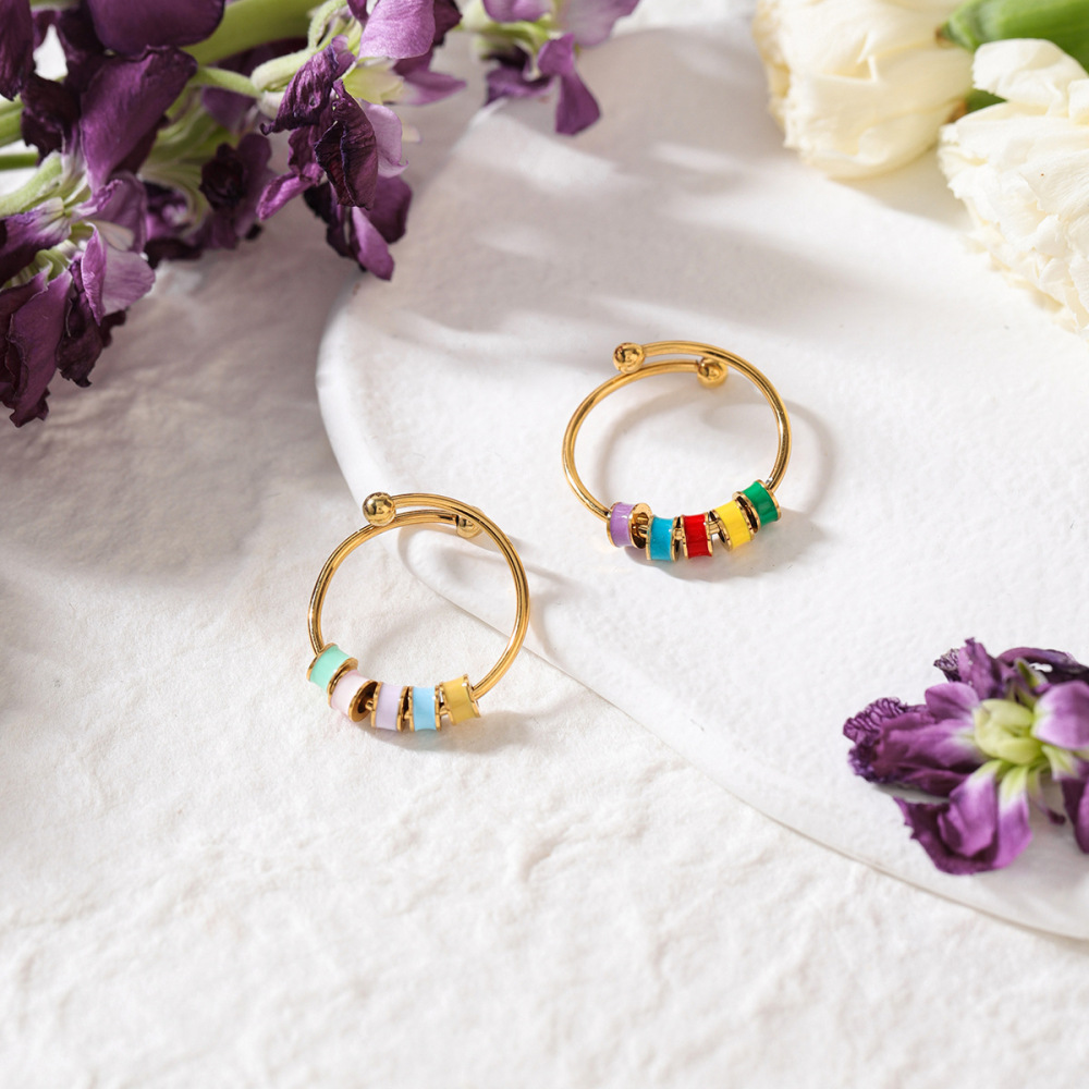 Bague Fantaisie En Acier Inoxydable Doré, Ornée De Perles Colorées Et Imperméables (1 Pièce). Image5