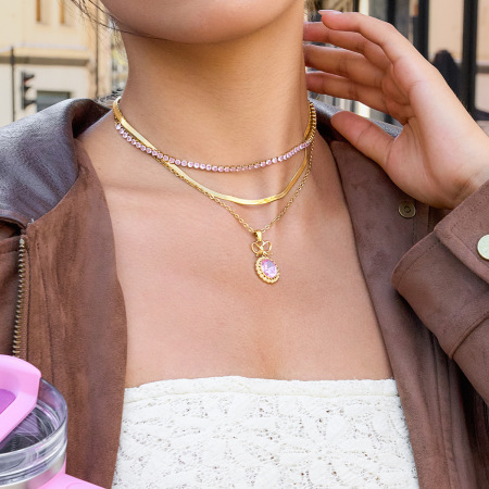 Collier pendentif classique rond en zircon rose, acier inoxydable étanche, couleur or, pour femme (1 pièce) 2
