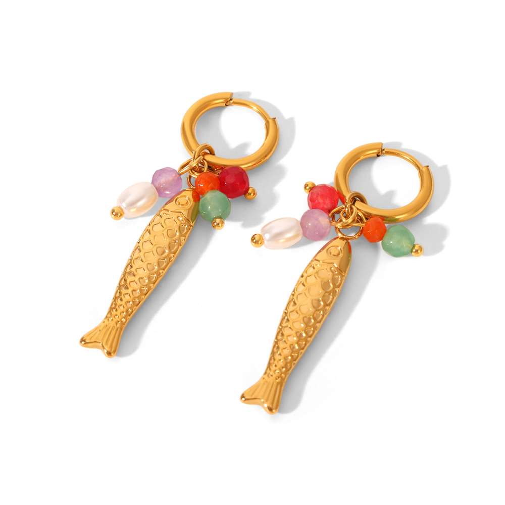 Boucles D'Oreilles Pendantes En Acier Inoxydable Doré, Étanches, En Forme De Poisson (1 Paire) 