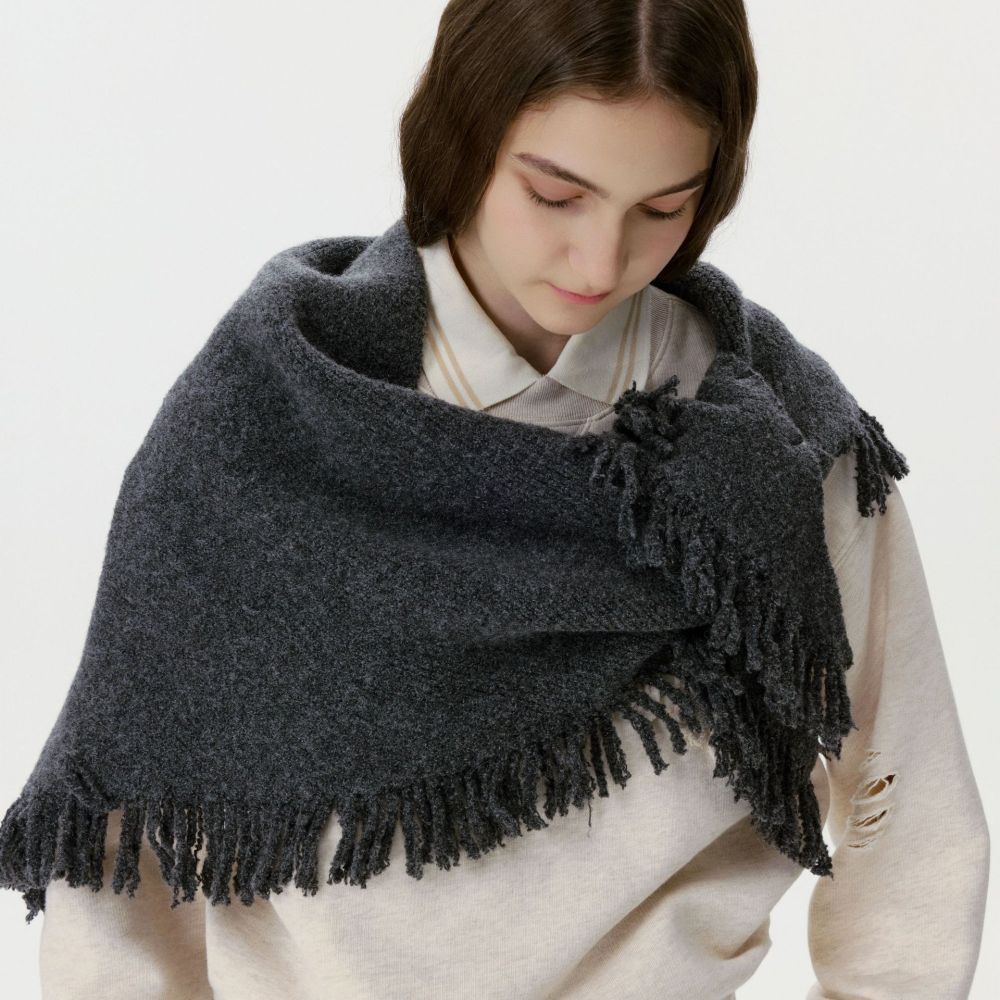 1 Écharpe D'Hiver Classique En Laine À Pompons De Couleur Unie Pour Femme 