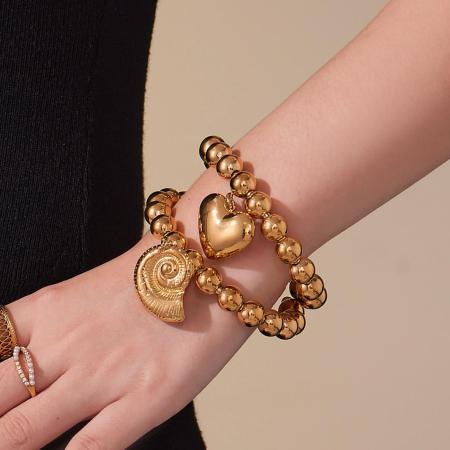 Bracelet manchette pour femme, 1 pièce, perles en forme de cœur, coquillage, acier inoxydable, étanche, couleur or